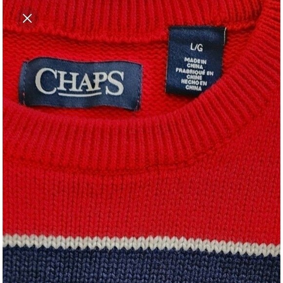 CHAPS Red Navy Stripe Cotton Crewneck Sweater Men's Large - Picture 3 of 6